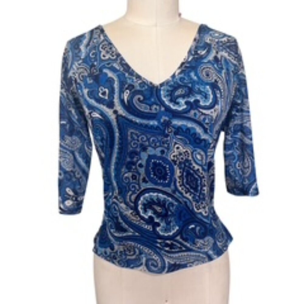 Blue, White & Black Paisly Top - Size Medium